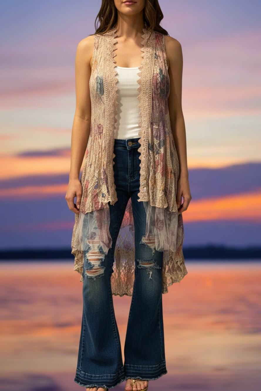 Origami Taupe Multicolor Hi-Lo Cardigan Small